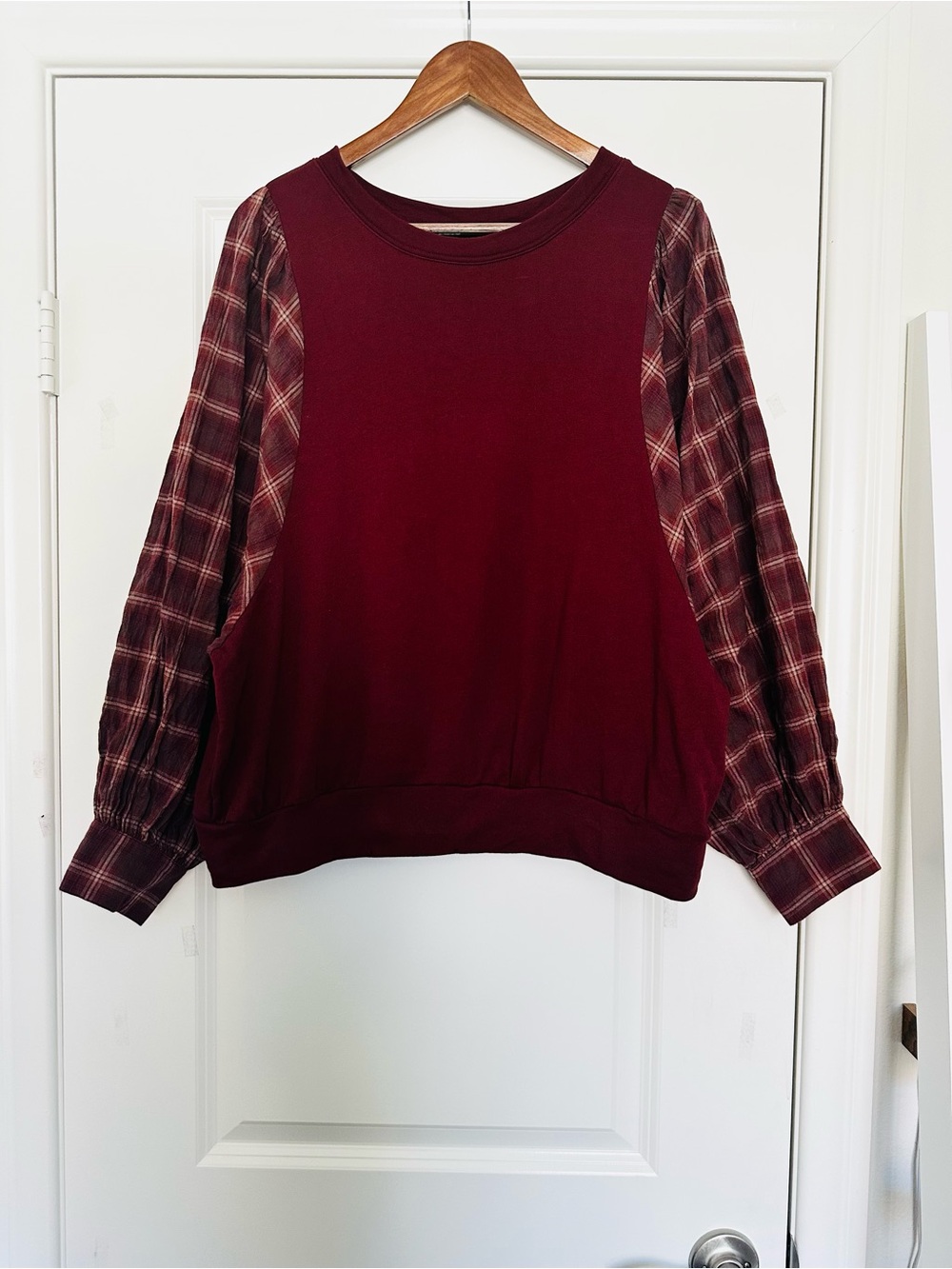 Fate Maroon Plaid Bat Wing Sleeve Pullover Top Boho Fall Small